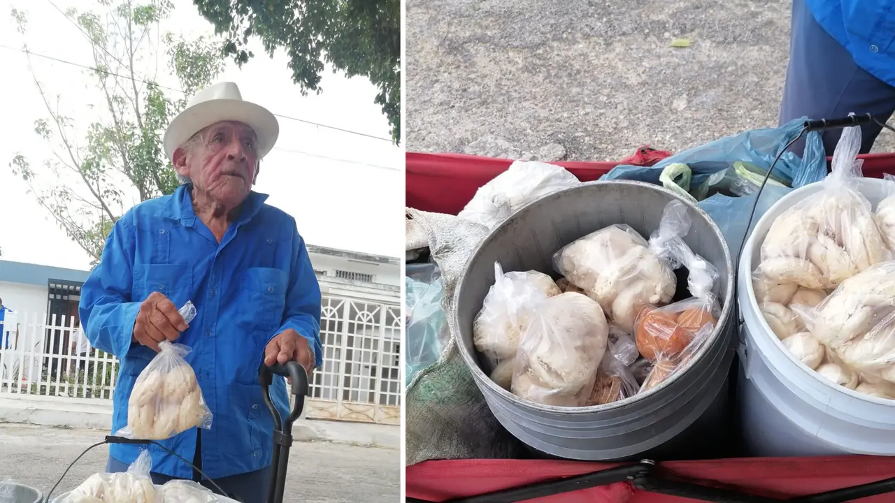 El abuelito se dedica a vender sus manjares por las calles de Pedregales de Tanlum Fotos: Ariana Pech