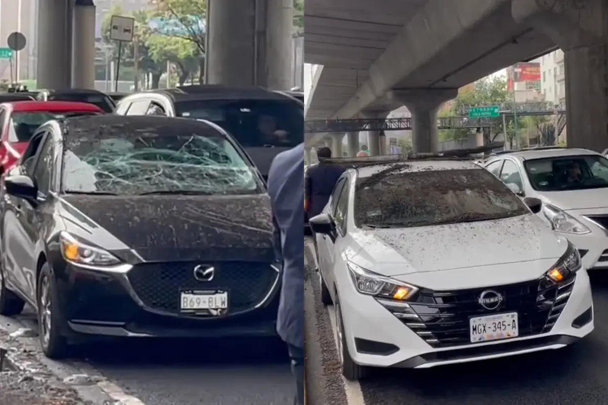 Autos afectados por desplome en Periférico. Foto: SS de @Enrique_LunaP