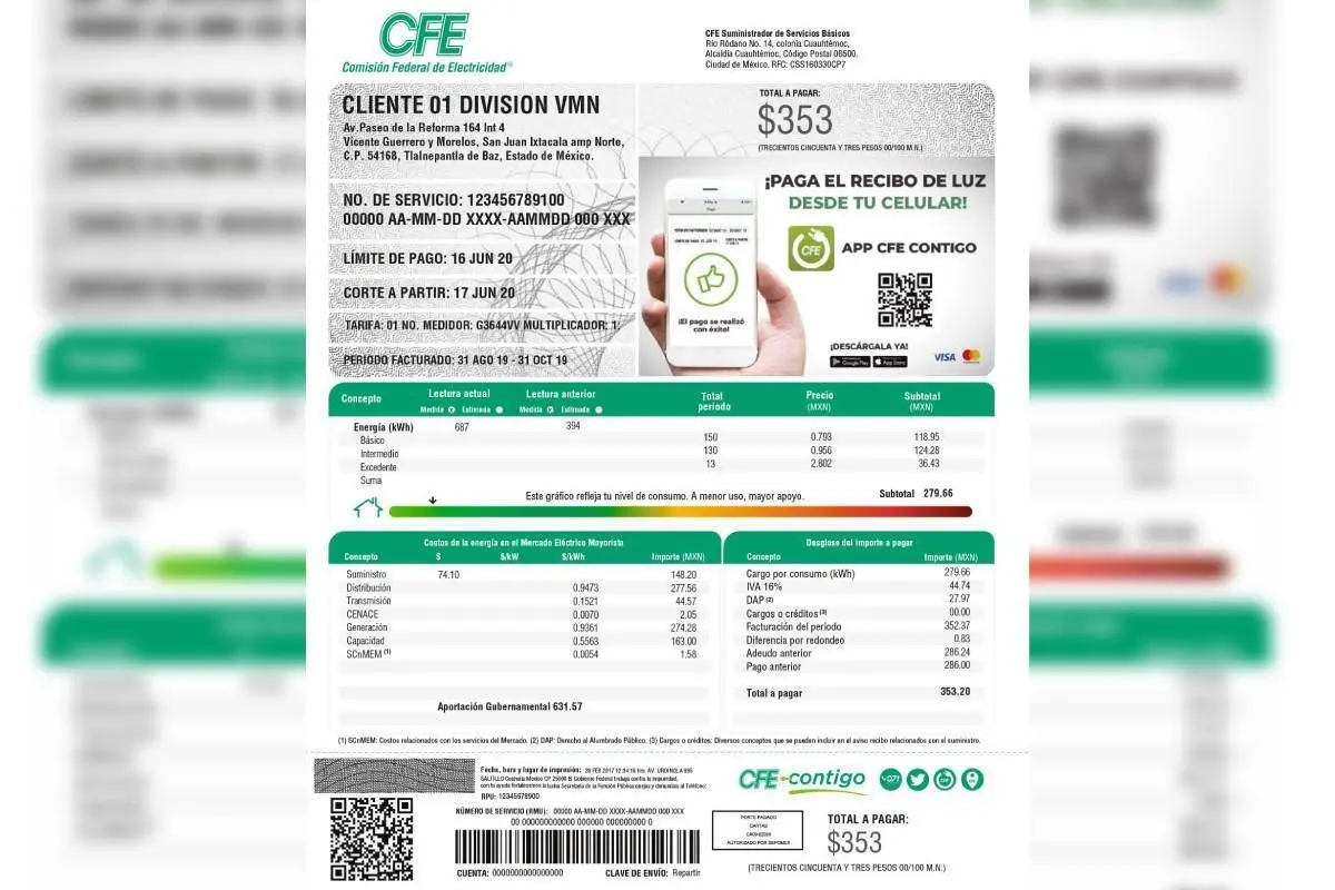 Recibo de luz de la CFE. Foto: CFE