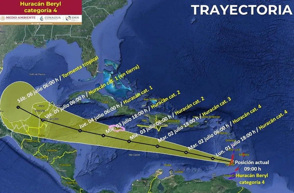 Se espera que el huracán Beryl impacte la Península de Yucatán el jueves por la noche o viernes de madrugada. Foto: X @conagua_clima