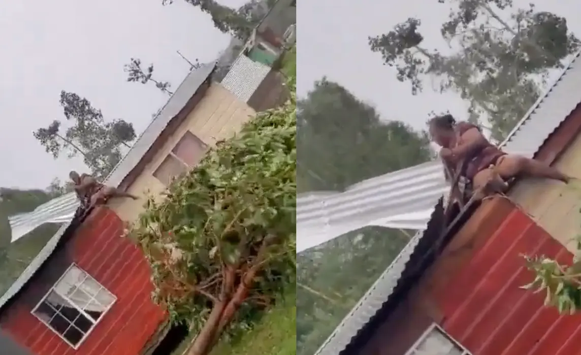 Mujer expone su vida por salvar el techo de su casa, tras el paso del huracán Beryl por Jamaica. Foto: Captura pantalla de video en redes sociales.