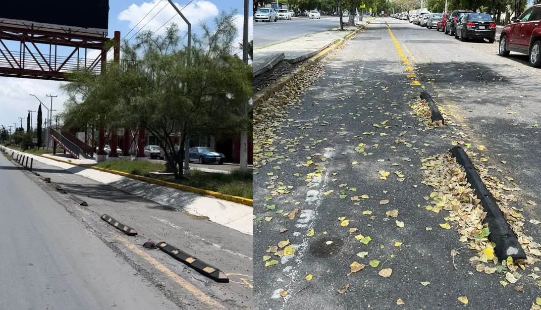 Fotografías que evidencian el mal estado de la ciclovía en el periférico Luis Echeverría. (Fotografía: Leslie Delgado)