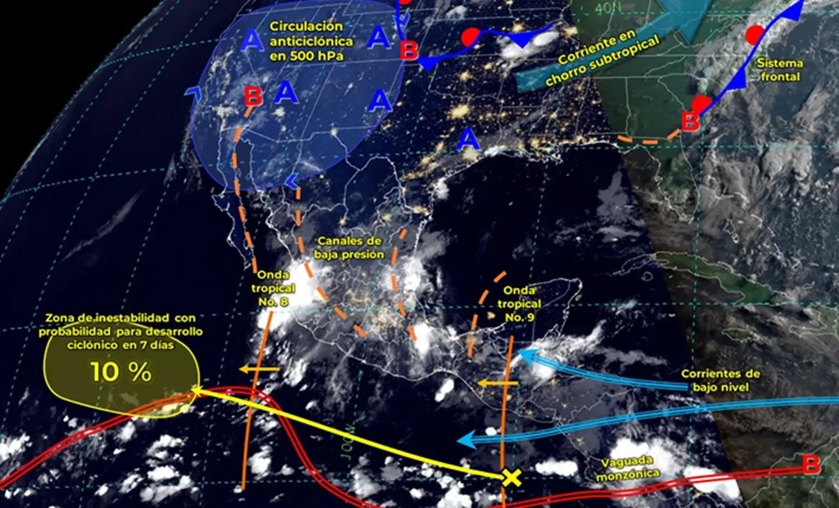 Se pronostican lluvias muy fuertes en  Sinaloa, Durango, Zacatecas, Nayarit, Jalisco, Guerrero, Puebla, Oaxaca, Veracruz y Chiapas. Foto: X  @conagua_clima