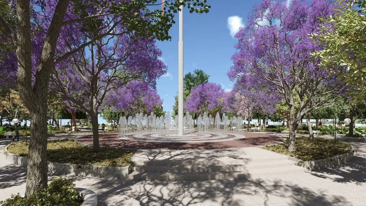 El centro de la nueva Plaza Grande estaría coronado con esta fuente junto con el asta bandera Foto: Ilustrativa