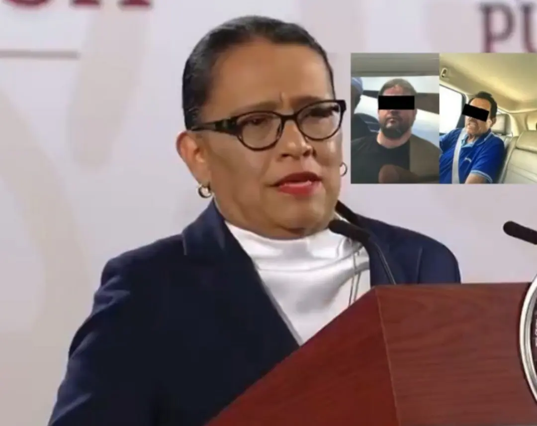 Rosa Icela Rodríguez en conferencia de prensa, junto a las fotos que se dieron del Joaquín Guzmán López e Ismael Mayo Zambada. Foto. Canva.