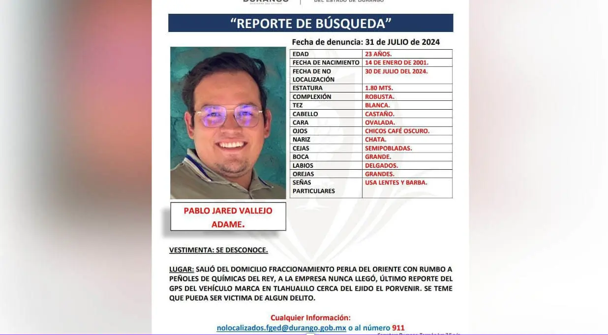 Ficha de búsqueda de Pablo Jared Vallejo Adame. (Fotografía: Fiscalía de Durango)