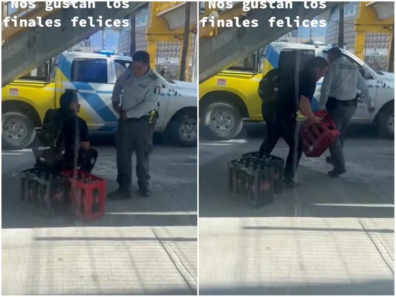 En un video que circuló en redes sociales, se puede ver el momento en que la policía de Monterrey encara al joven que había robado producto del camión volcado. Foto: Tiktok.