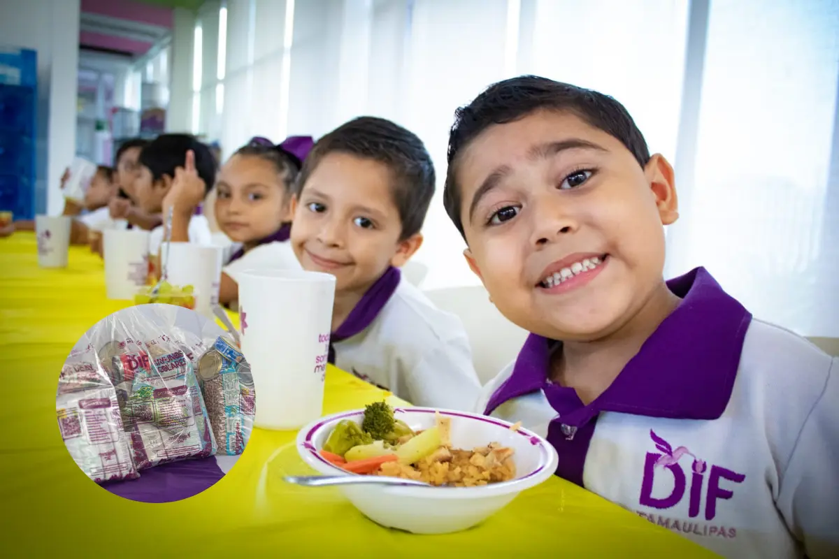 Alumnos de nivel básico recibiendo desayunos por parte de DIF Tamaulipas. Foto: Agencia