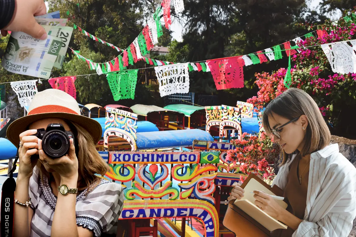 Trajineras de xochimilco, persona grabando, persona escribiendo y billetes. Foto: Canva