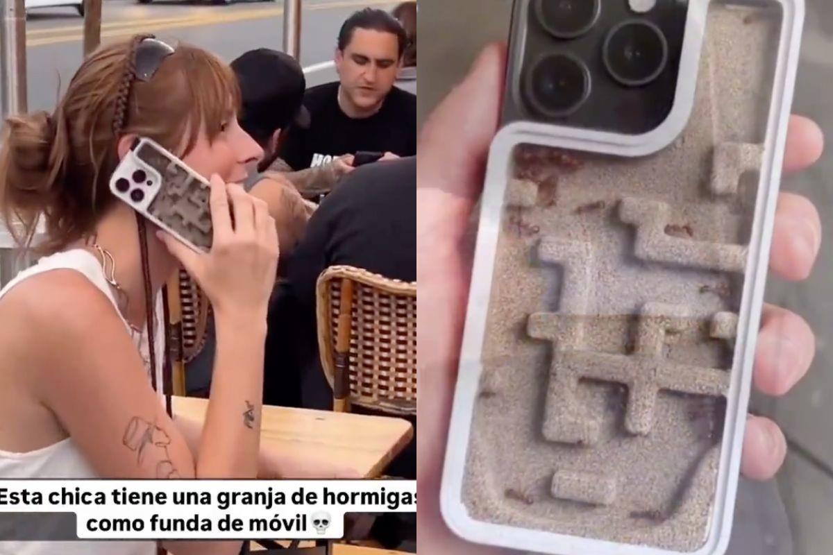 Mujer con funda con granja de hormigas. Foto: x @EsdeProfugos