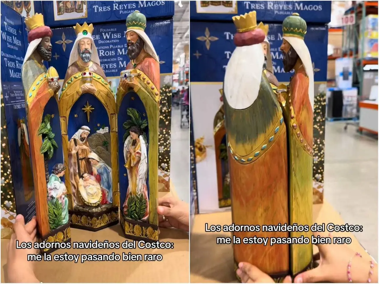 El adorno se abre y muestra un nacimiento, pero al momento de cerrarlo, pareciera que los Reyes Magos se fueran a besar. Foto: Tiktok.