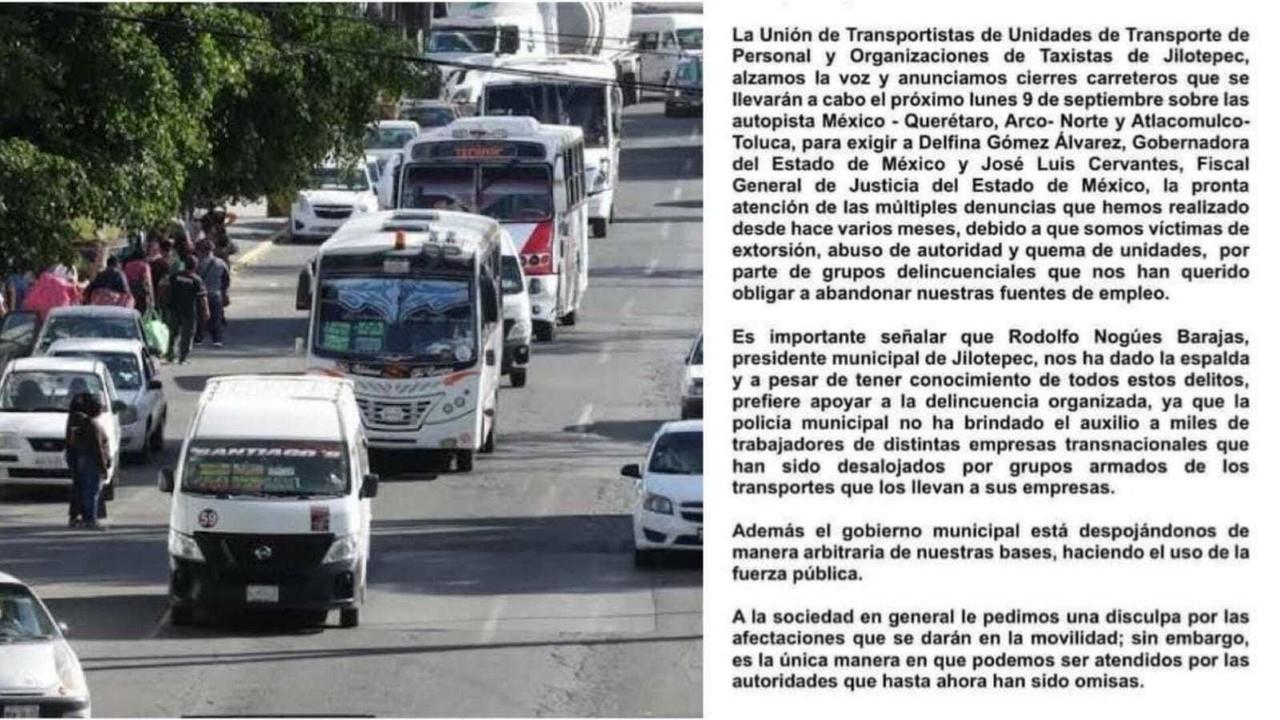 Los bloqueos anunciados por transportistas de Jilotepec afectarán el Arco Norte, la México-Querétaro y la Jilotepec-Atlacomulco;  buscan que autoridades atiendan sus demandas. Foto: FB Tráfico real y noticias autopista México Querétaro