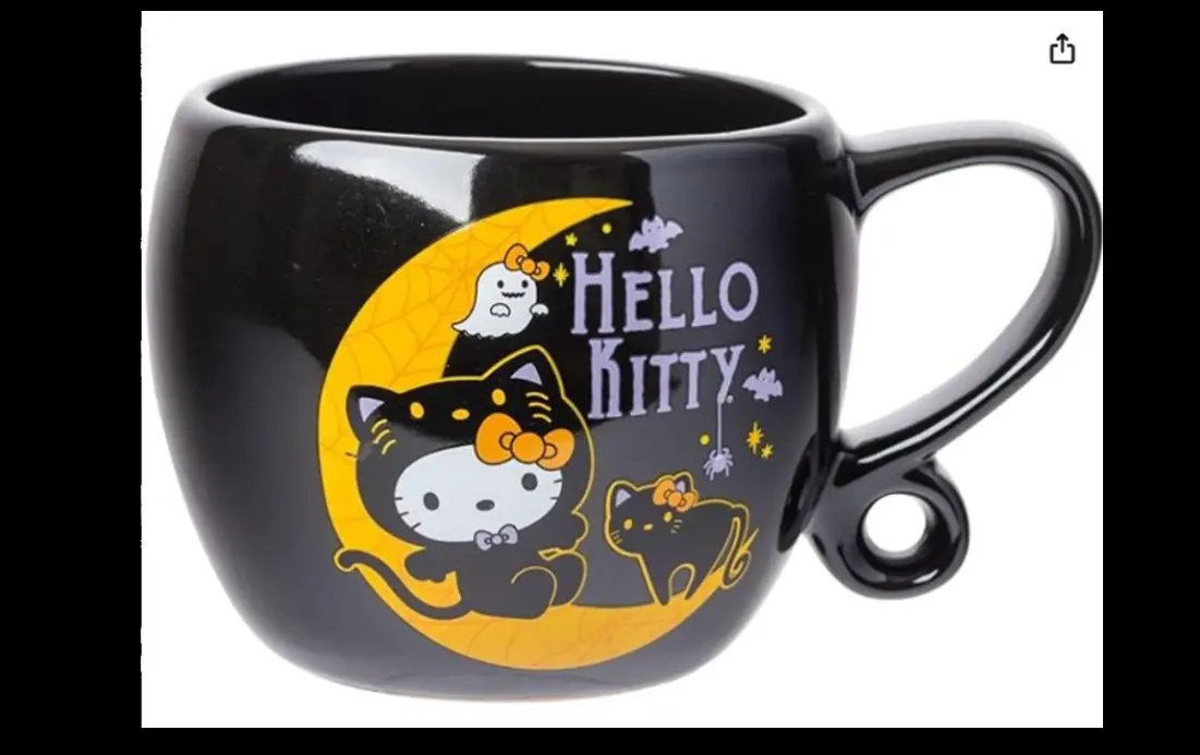 La taza Hello Kitty Halloween Loop de Silver Buffalo es una pieza de colección que representa el espíritu de Halloween con el estilo característico de Hello Kitty. Foto. Amazon