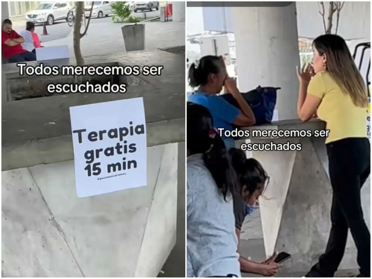 La psicóloga Mony, como se identifica en redes sociales como Tiktok, compartió un video donde puso un cartel con el mensaje, Terapia gratis 15 minutos. Foto: Tiktok.