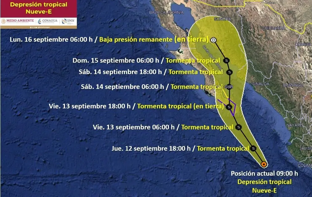 Trayectoria de la Depresión Tropical Nueve - E.   Fuente: SMN