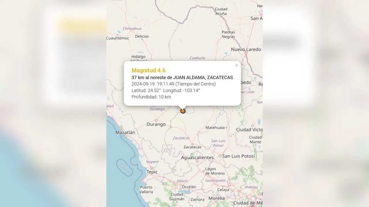 La tarde de este 19 de septiembre se registró un sismo en Zacatecas que se sintió en varios municipios de Durango. Foto: SSN.