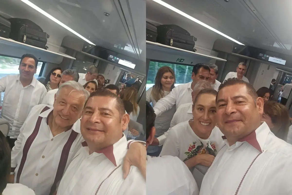 López Obrador y Claudia Sheinbaum junto a Alejandro Armenta en el Tren Maya Foto: X(Twitter) @armentapuebla_