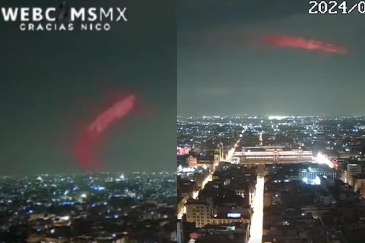 El objeto luminoso se observa de color rojo en las cámaras de la capital mexicana. Foto: Captura de pantalla