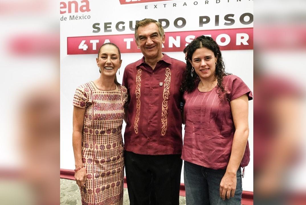 Presidenta electa Claudia Sheinbaum, Américo Villarreal gobernador de Tamaulipas y Luisa Alcalde nueva Dirigente Nacional de Morena. Foto: Perla Herrera