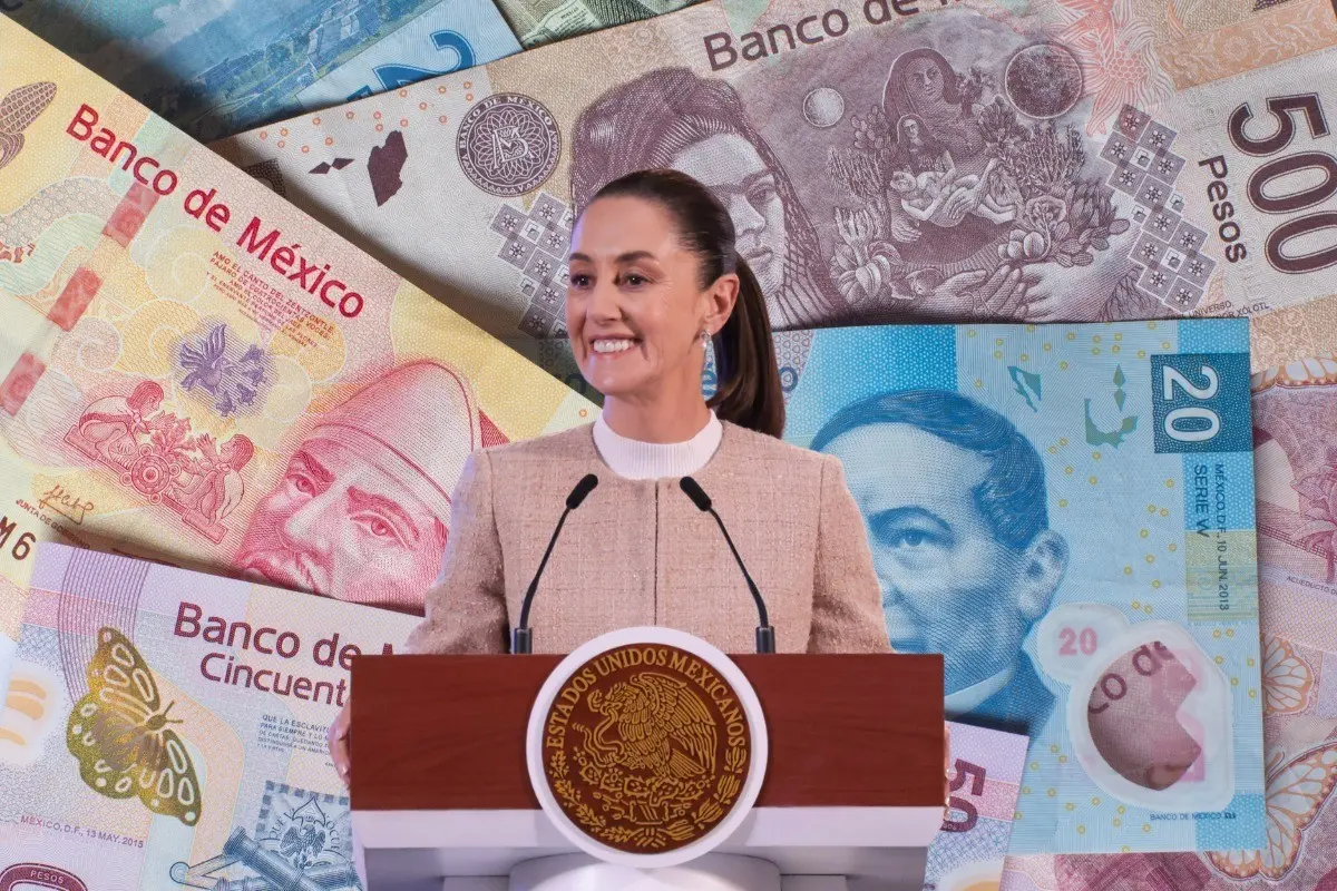 Fondo de billetes, Claudia Sheinbaum. Foto: Canva/ Gobierno de México