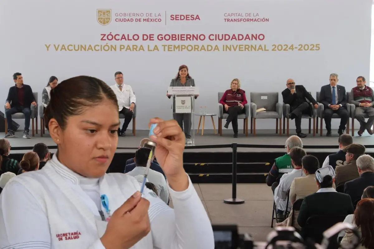 Clara Brugada en la presentación de la jornada de vacunación por temporada invernal.      Foto: Especial