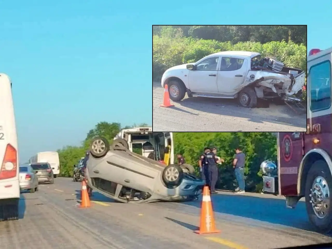 Mala fortuna tuvo el guiador de un auto compacto que por los rayos del sol chocó por alcance a otro generando una volcadura en la Mérida-Tetiz.- Fuente Eduardo Herrera