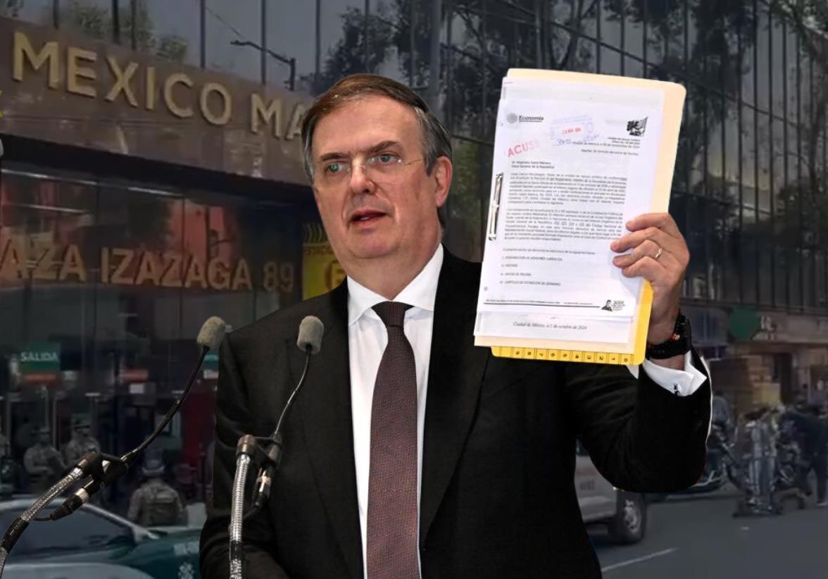 Marcelo Ebrard presentó una denuncia para la extinción de dominio de Plaza Izazaga 89, acusada de contrabando y piratería. La mercancía asegurada alcanza los 7.5 millones de pesos. Foto: X @m_ebrard