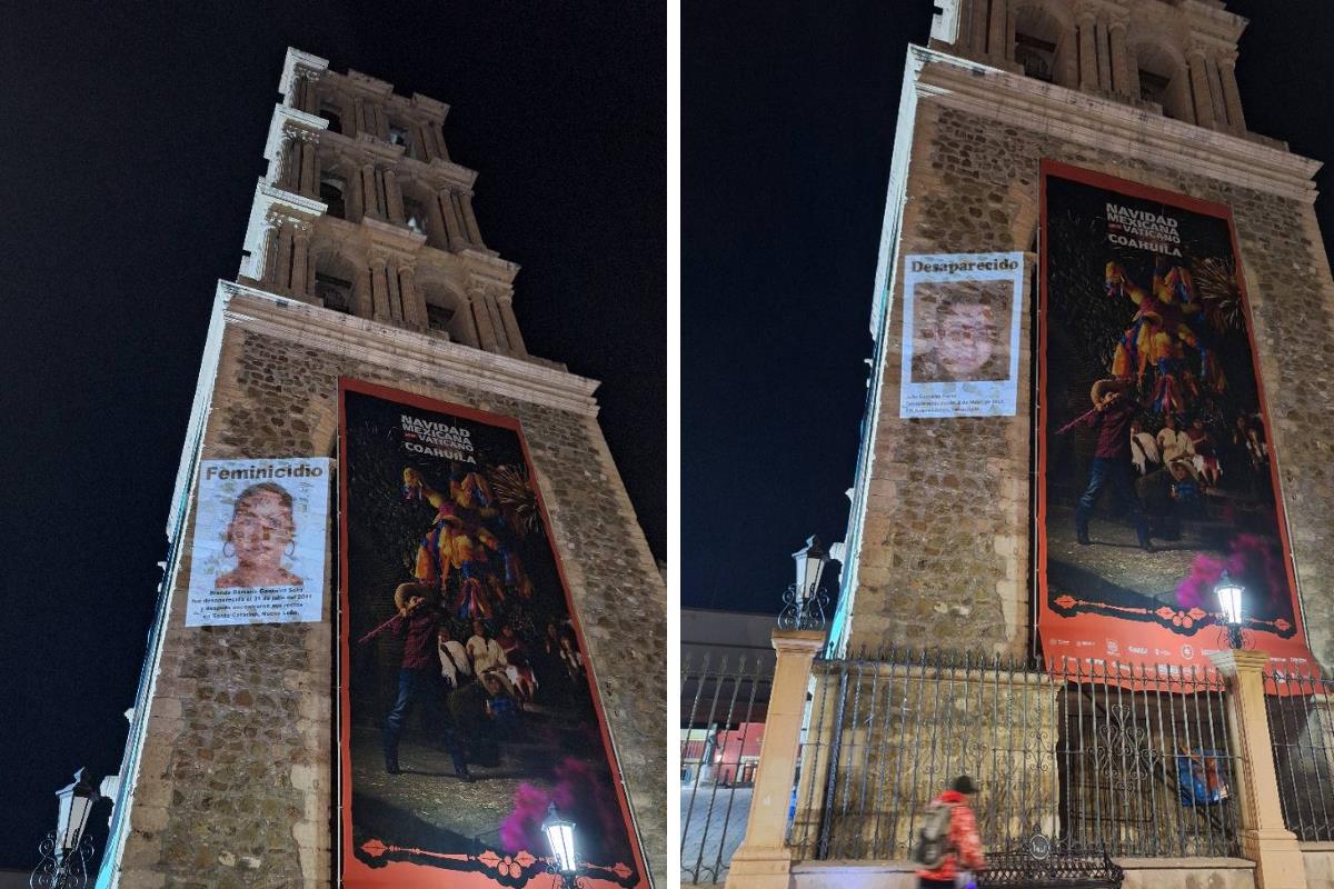 A las 18:45 horas, familias de desaparecidos se reunieron en Paseo Capital, frente a la Catedral, para proyectar imágenes de sus seres queridos en la torre del templo./Foto: Transporte Digno Saltillo