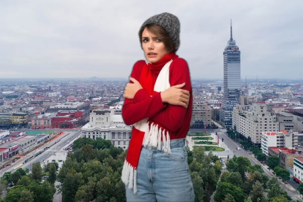 Chica con frio y paisaje de la CDMX Foto: Google Freepik y Canva edición en canva