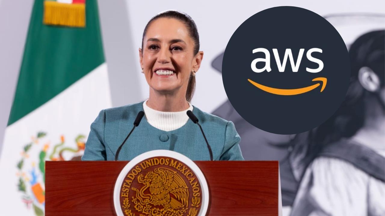 Claudia Sheinbaum y logo de Amazon Web Services. Foto: Gobierno de México / Amazon Web Services