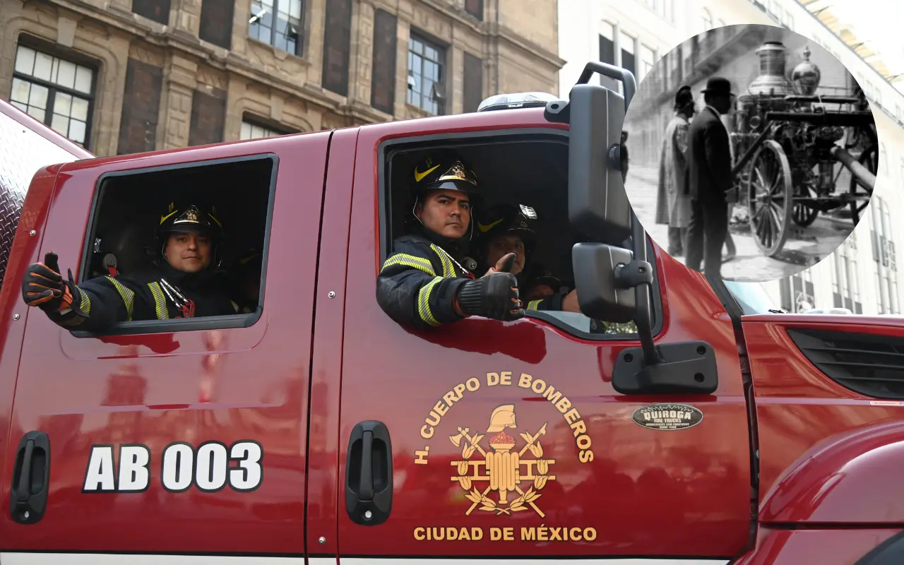 De fondo bomberos de CDMX, foto de sus orígenes. Foto: Jefatura de Gobierno/ Heroico Cuerpo de Bomberos