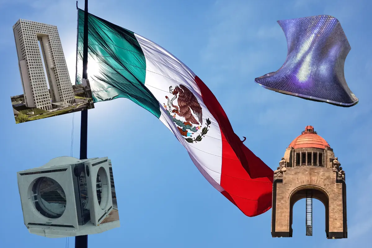 De fondo Bandera de México, diferentes edificios. Foto: Canva | fundación Carlos Slim | Asociación de ingenieros | alcaldía Cuauhtémoc | UNAM