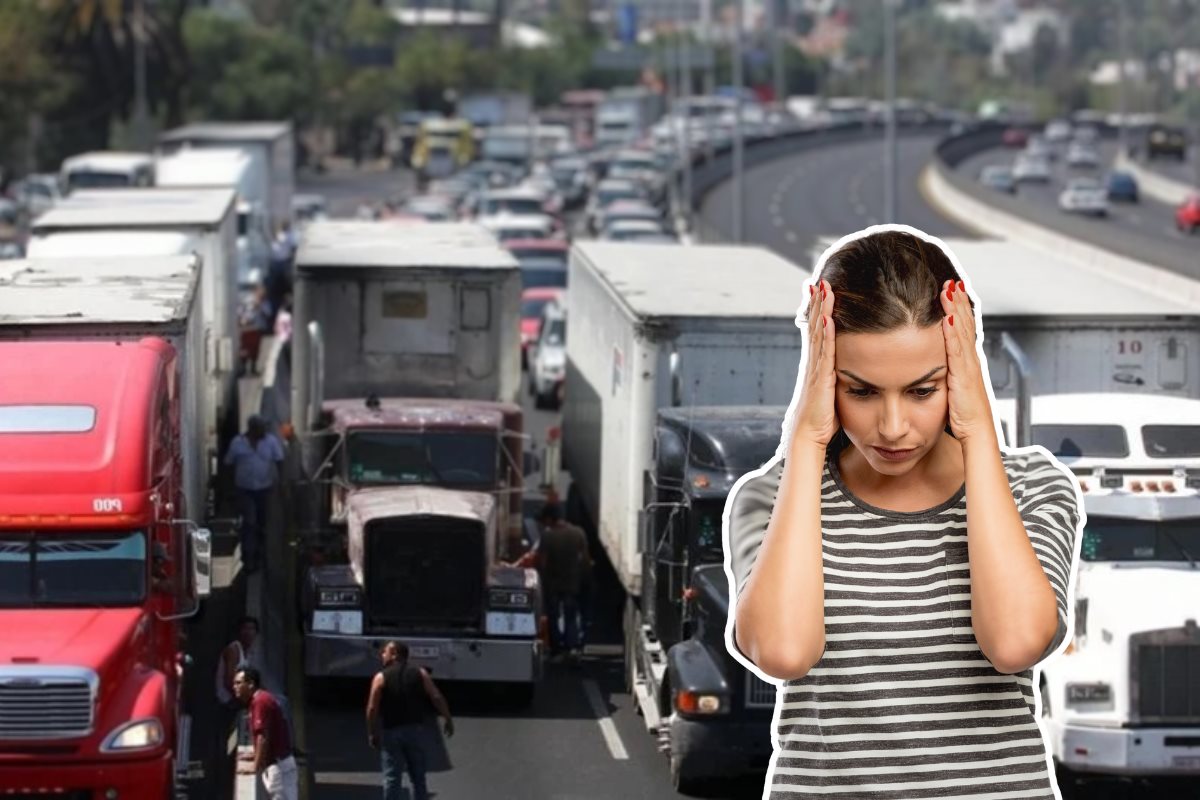 De fondo mega marcha transportistas, persona preocupada. Foto: X @ComentarioUdeC | Canva