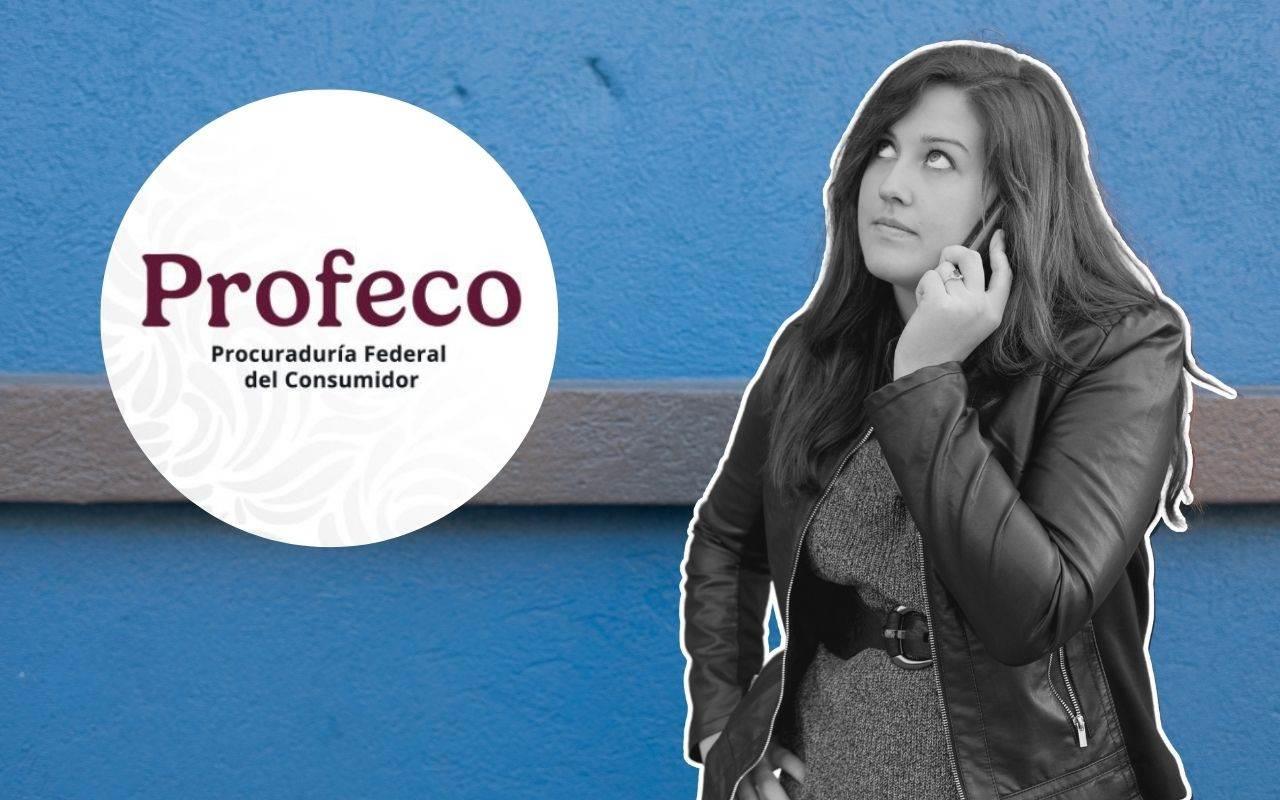 Mujer recibiendo una llamada y logo de Profeco. Foto: Canva / Profeco