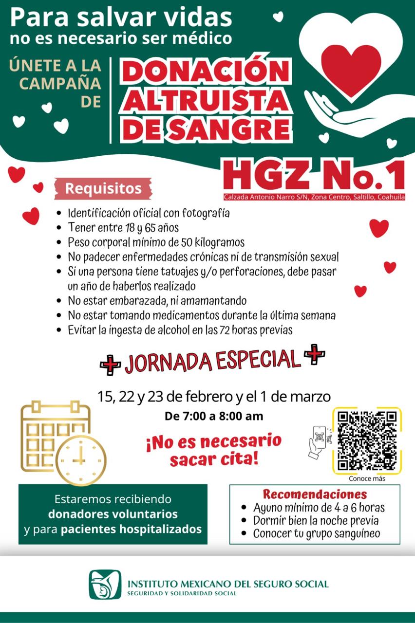 Flyer del IMSS Coahuila para invitar a donar sangre en Saltillo / Foto: IMSS Coahuila