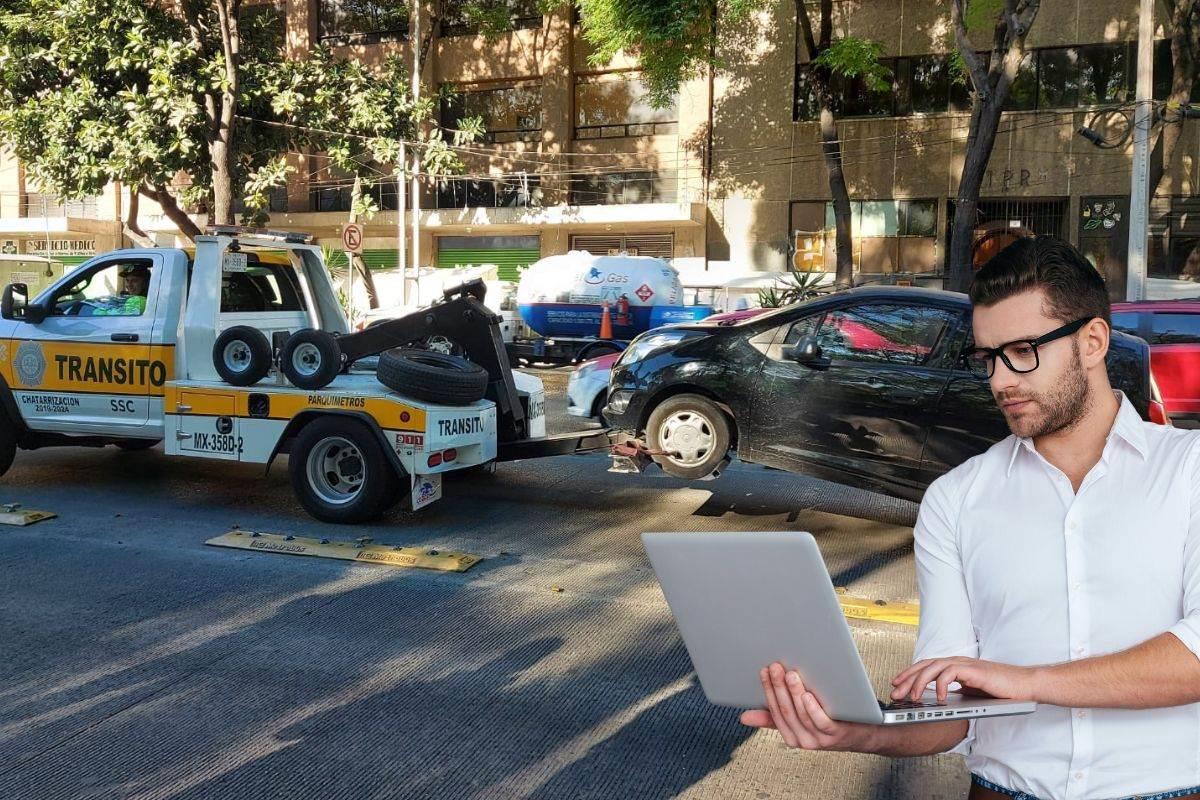 Hombre sujetando su laptop en la parte inferior derecha y al fondo un vehículo estacionado.  Foto: Metrobús CDMX I Canva