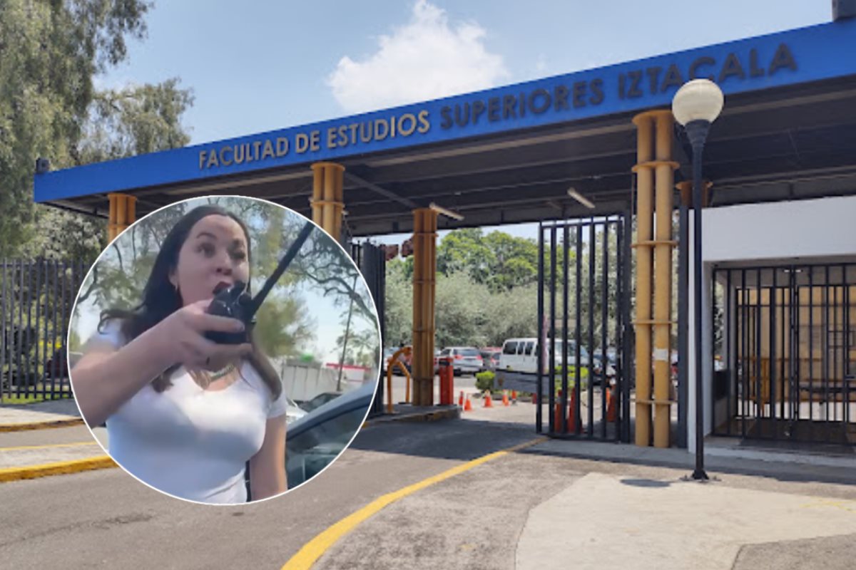 Entrada de la Fes Iztacala de la UNAM e imagen de la vigilante que agredió verbalmente al estudiante.       Foto: FB (Aaron Lachowski) | Google Maps | Canva