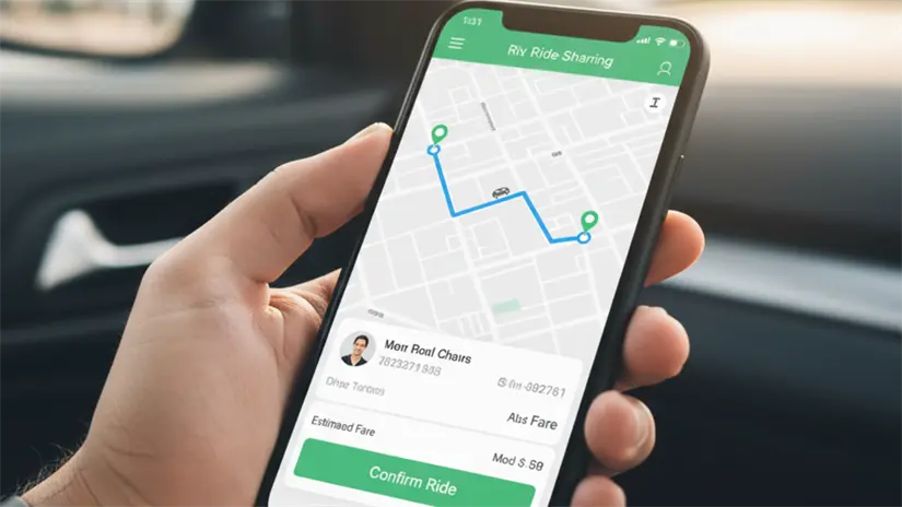 imagen recuadro Mano sosteniendo un teléfono, donde se puede ver una aplicacón de viajes en automóvil | Gemini IA