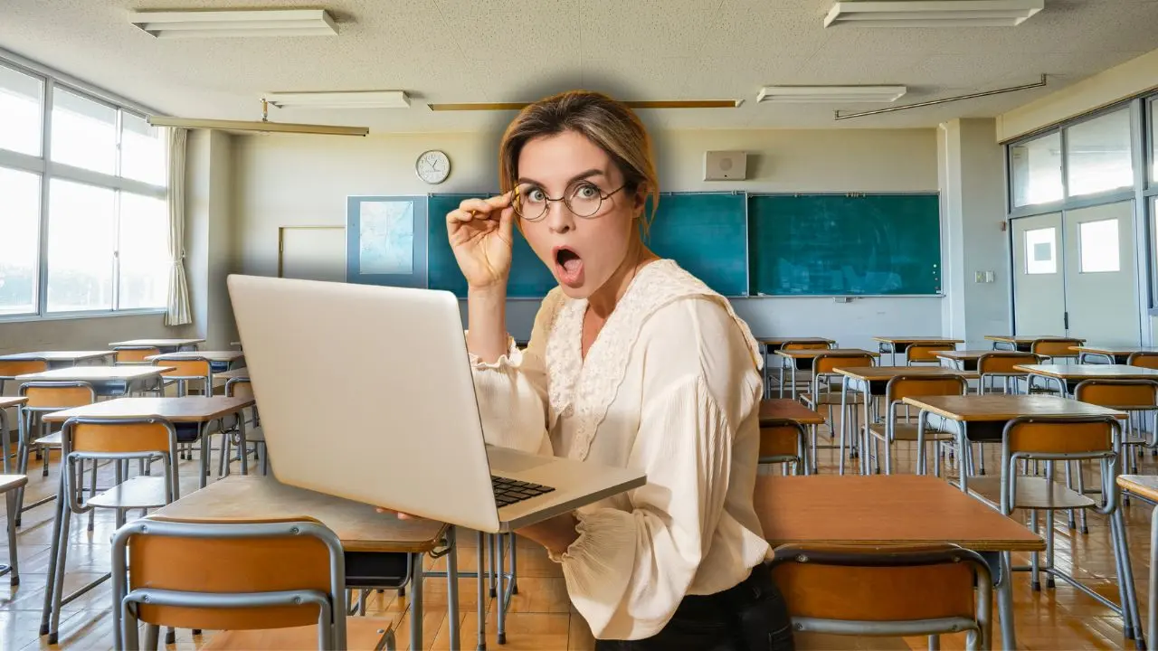 Mujer con computadora en mano y detrás un aula Foto: Canva