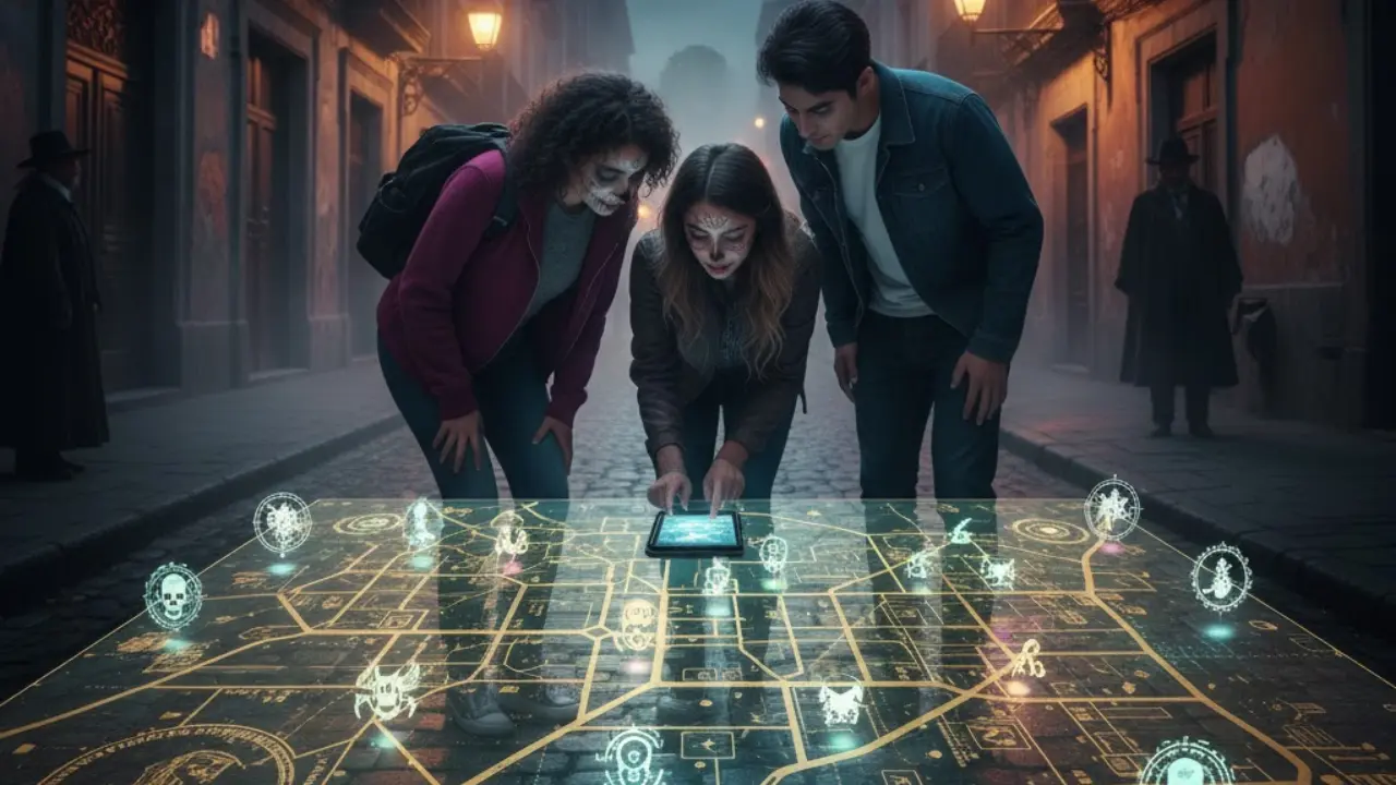 Ilustración de personas viendo un mapa de leyendas en CDMX. Foto: Gemini IA