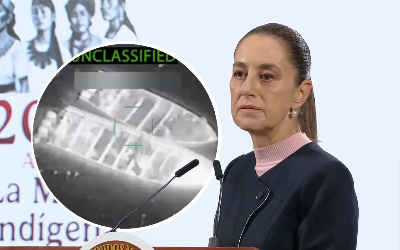 Claudia Sheinbaum y lanchas destruidas por EU. Captura de pantalla: YouTube (Claudia Sheinbaum) / X (@SecWar)