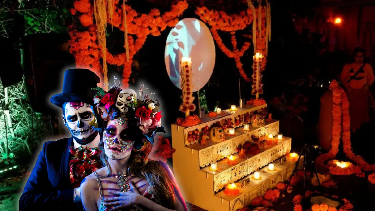 De fondo altar de Día de Muertos, personas maquilladas de catrines. Foto: IG casa_snowapplemx | Canva