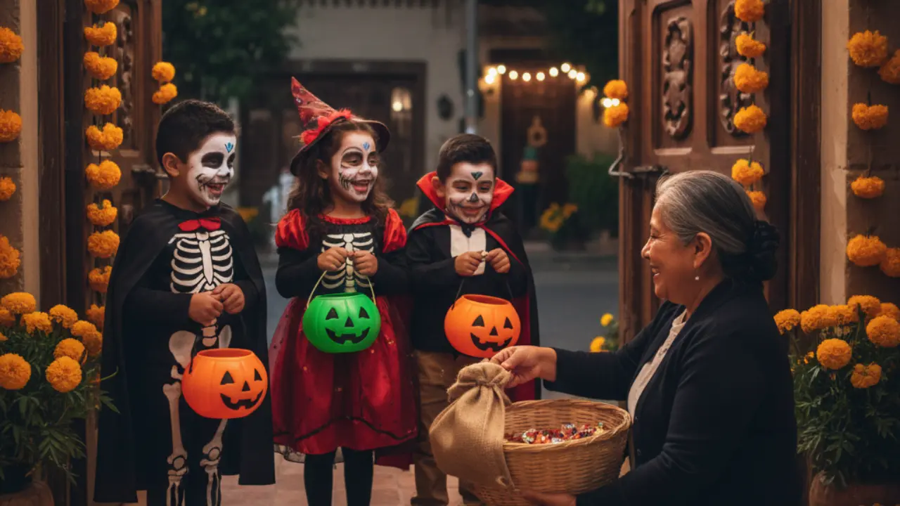 Niños pidiendo calaverita en el Día de Muertos | Gemini IA