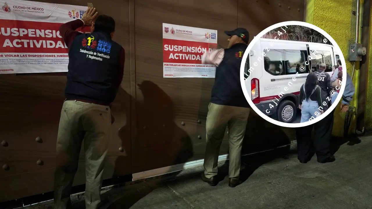 De fondo autoridades poniendo sellos de suspensión de actividades, momento en el que DIF se lleva a niñas. Foto: X @AlcCuauhtemocMx | Captura de pantalla