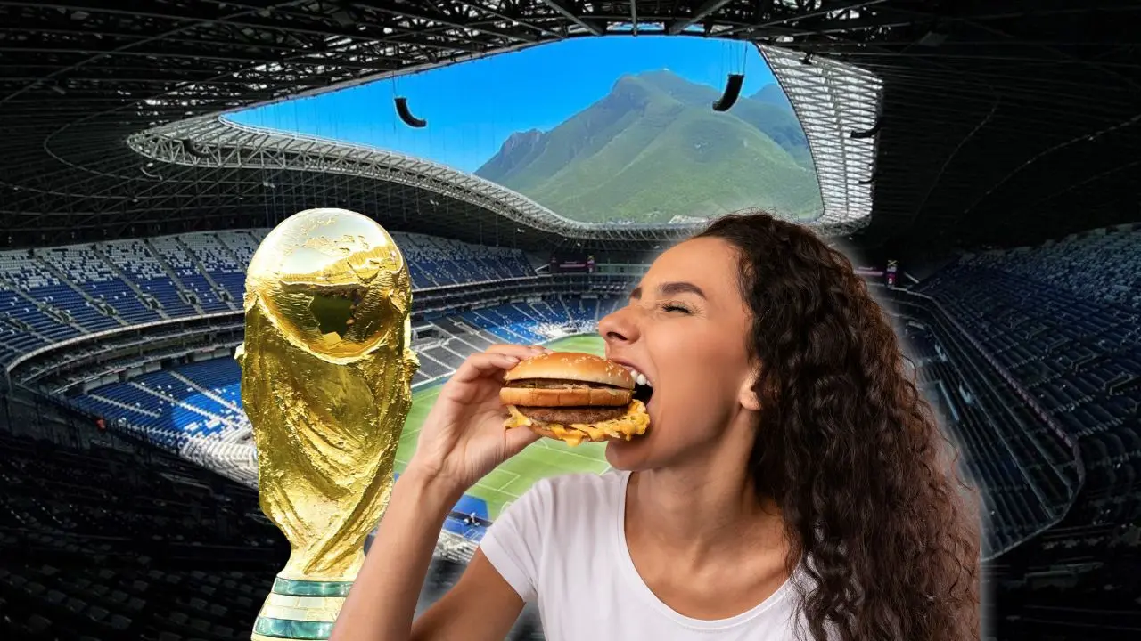 Mujer comiendo una hamburguesa y de fondo el estadio BBVA Foto: Canva