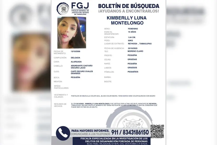 imagen recuadro Boletín de búsqueda emitido por la Fiscalía de Tamaulipas. Foto: FGJT