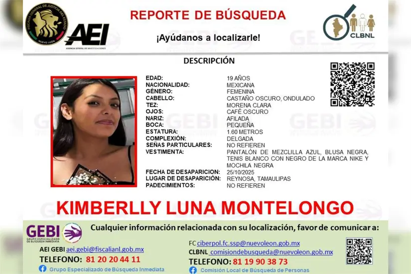 imagen recuadro Boletín de búsqueda emitido por la Agencia Estatal de Investigaciones de Nuevo León. Foto: AEI