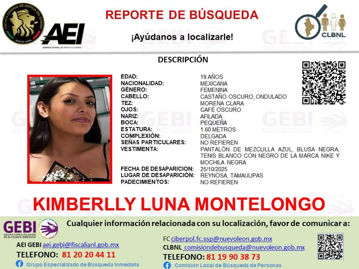 Kimberlly Luna Montelongo, de 19 años y con espectro autista, desapareció el pasado 25 de octubre en el municipio de Reynosa, Tamaulipas. Foto: Facebook Grupo Especializado de Búsqueda Inmediata