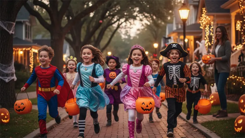 Niños disfrazados corriendo pidiendo dulces | Gemini IA