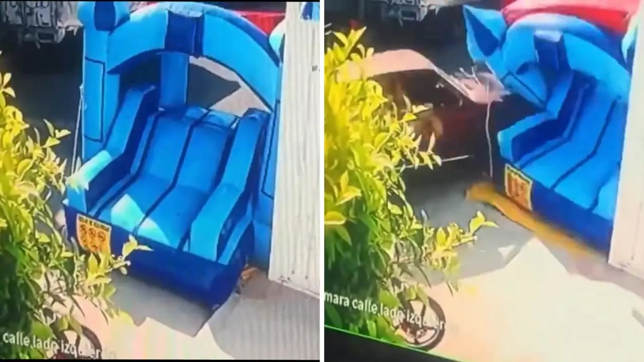 VIDEO | Momento exacto en que un auto choca contra un juego inflable infantil en Chimalhuacán. Foto: X / @POSTAEdomex